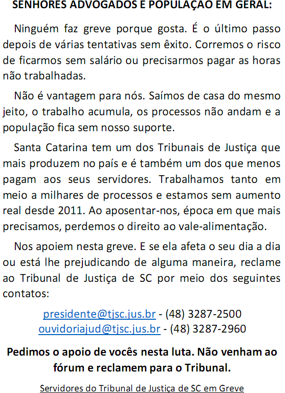 Servidores do TJSC iniciam greve nesta quinta-feira