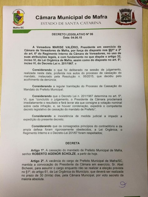 Roberto Scholze não é mais o prefeito de Mafra