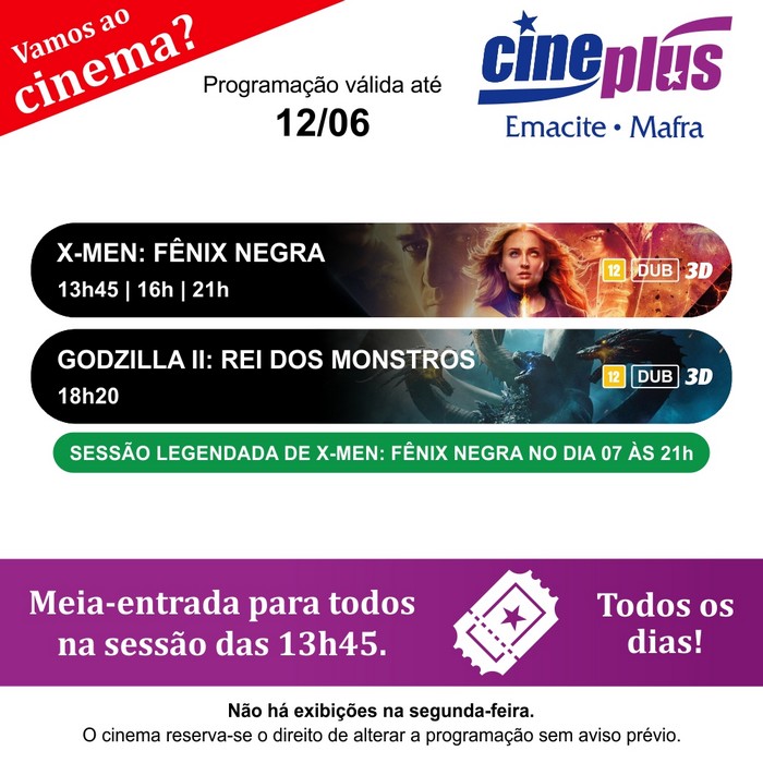 Programação de filmes no Cineplus Emacite