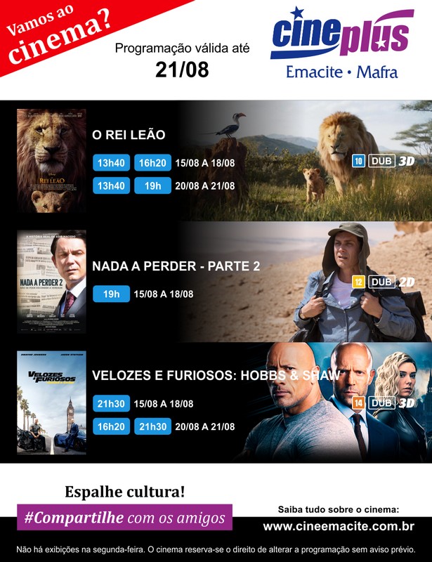 Programação de filmes no Cineplus Emacite