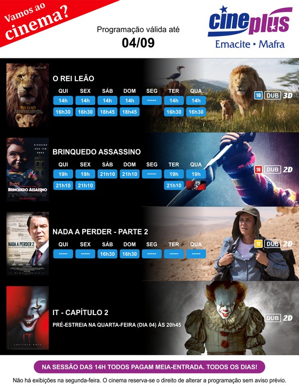 Programação de filmes no Cineplus Emacite