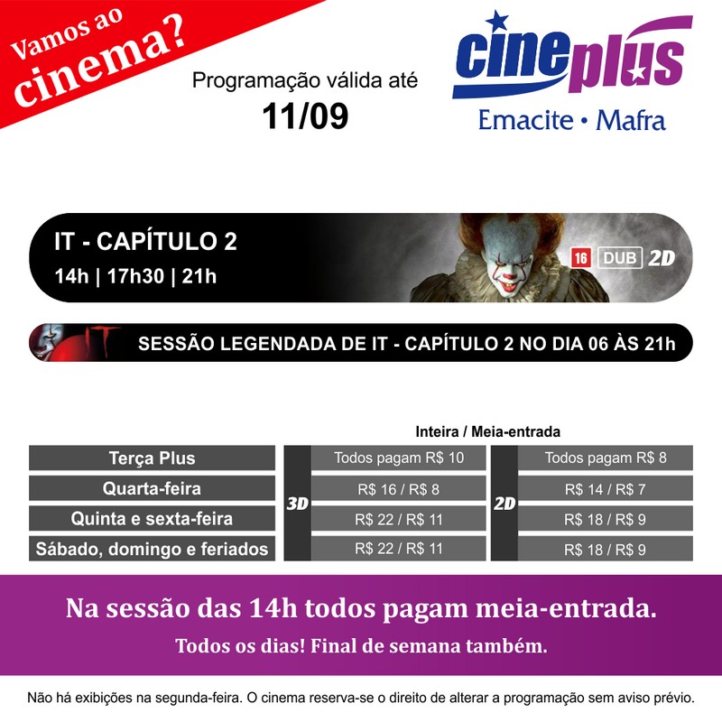 Programação de filmes no Cineplus Emacite