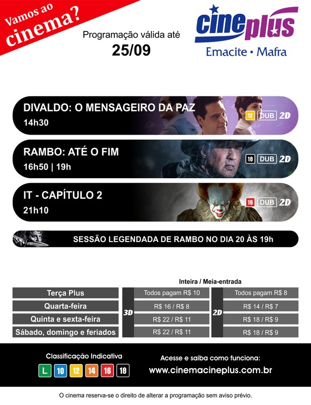Programação de filmes no Cineplus Emacite
