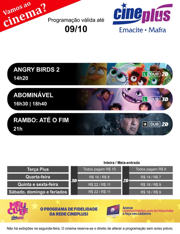 Programação de filmes no Cineplus Emacite