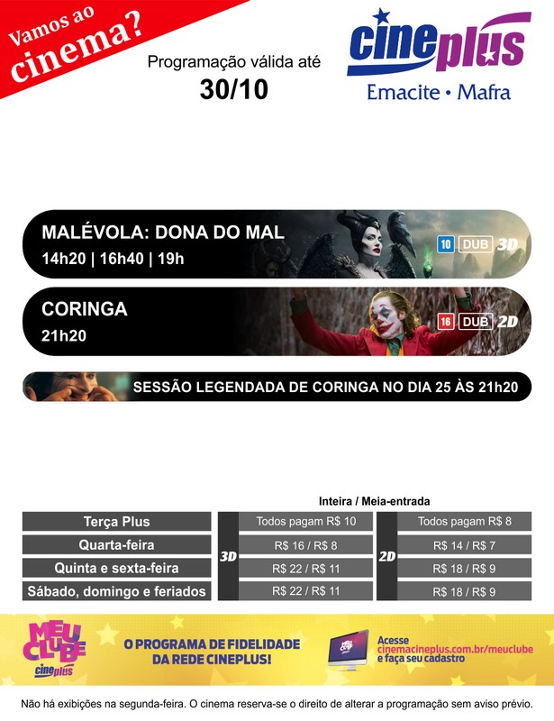 Programação de filmes no Cineplus Emacite