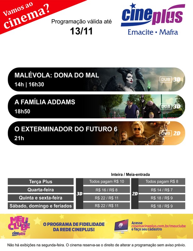Programação de filmes no Cineplus Emacite
