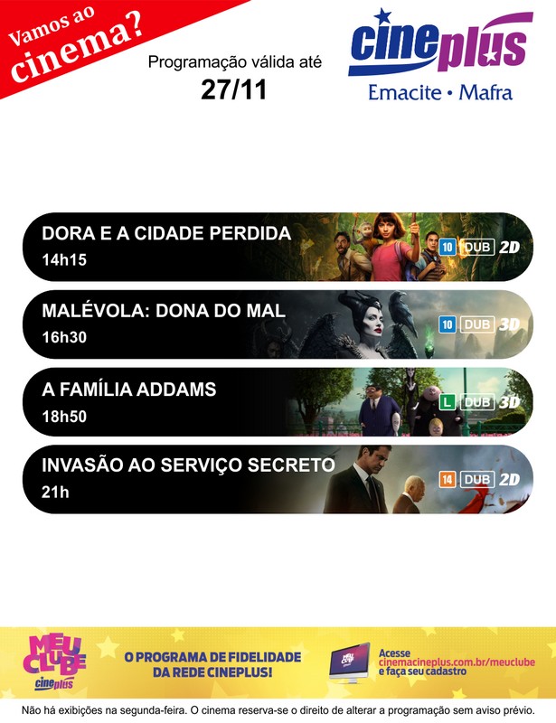 Programação de filmes no Cineplus Emacite