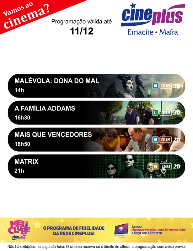 Programação de filmes no Cineplus Emacite