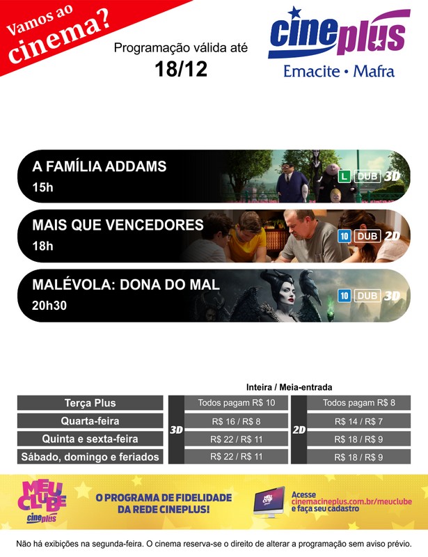 Programação de filmes no Cineplus Emacite
