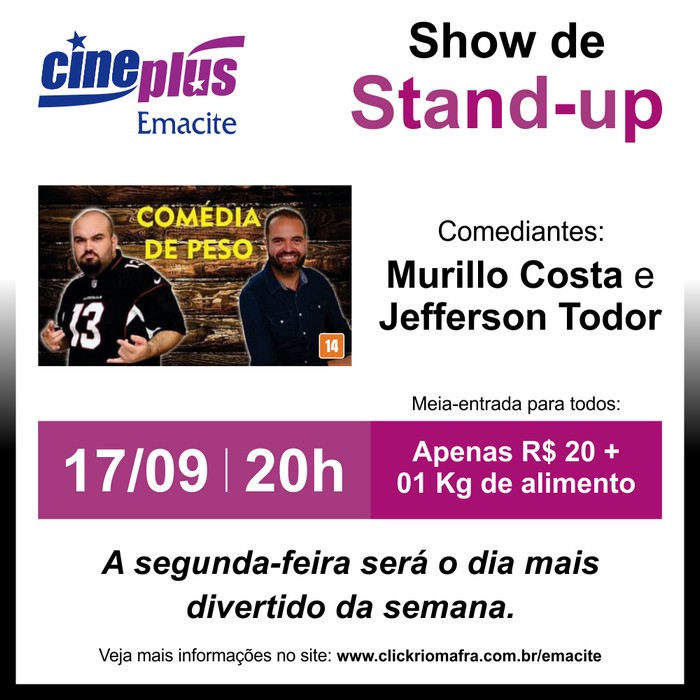 Mafra terá show de comédia stand-up nesta segunda-feira (17) Murillo Costa e Jefferson Todor no Cineplus Emacite em Mafra