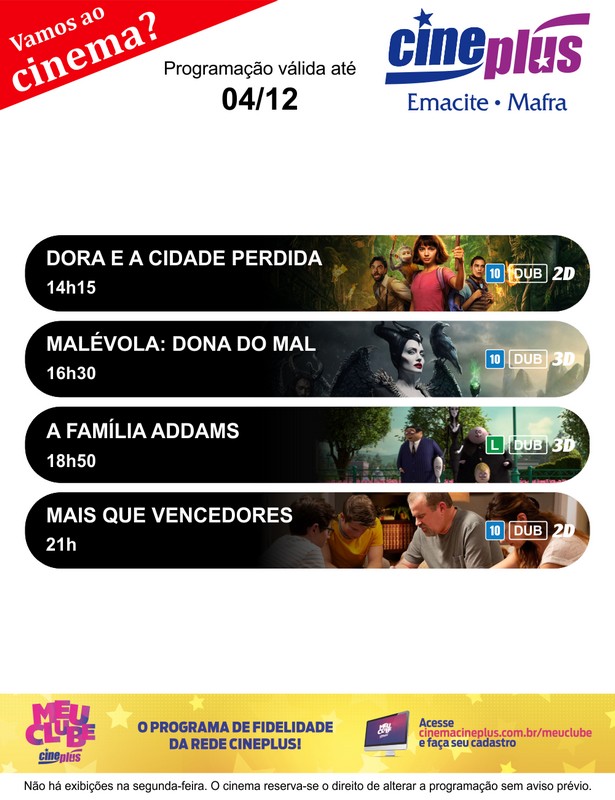 Programação de filmes no Cineplus Emacite