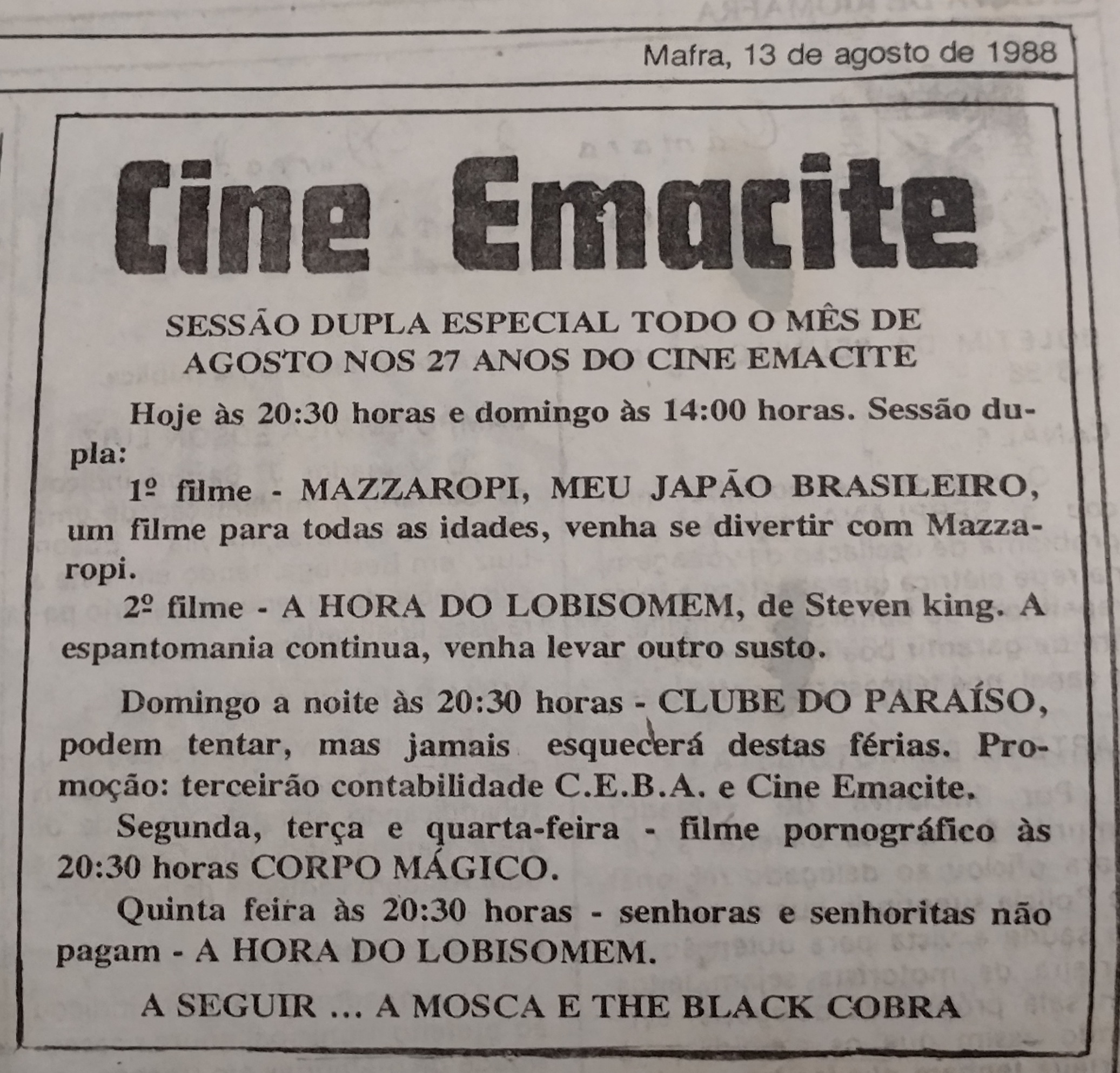 Programação do Cine Emacite em 1988