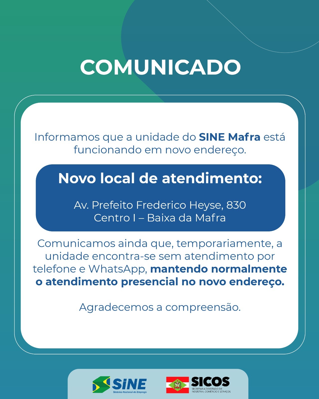 Aviso novo endereco SINE Mafra