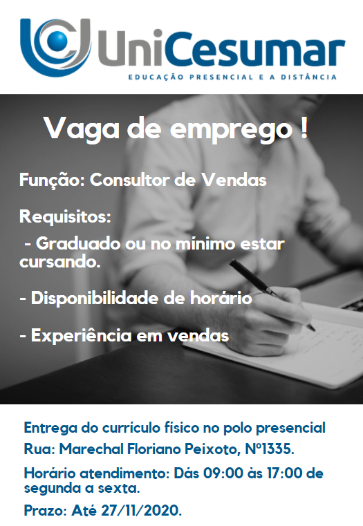 Unicesumar Mafra oferece vaga de emprego para consultor de vendas