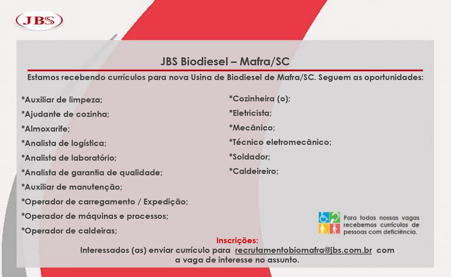Vagas de emprego disponíveis para a JBS Biodiesel Mafra