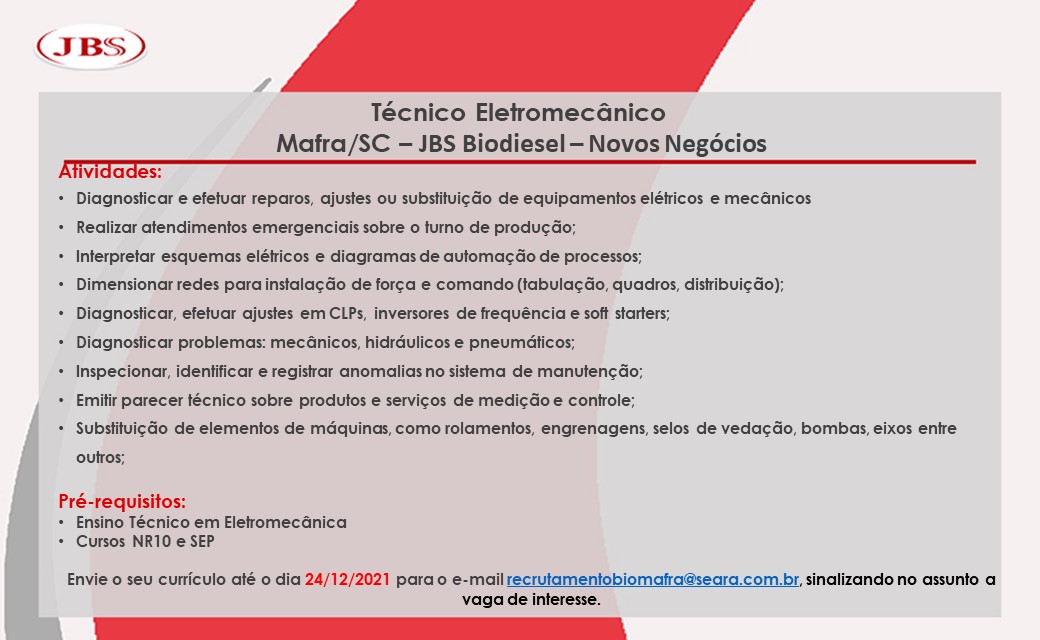 JBS Biodiesel Mafra contrata mecânico de manutenção e técnico eletromecânico (1)