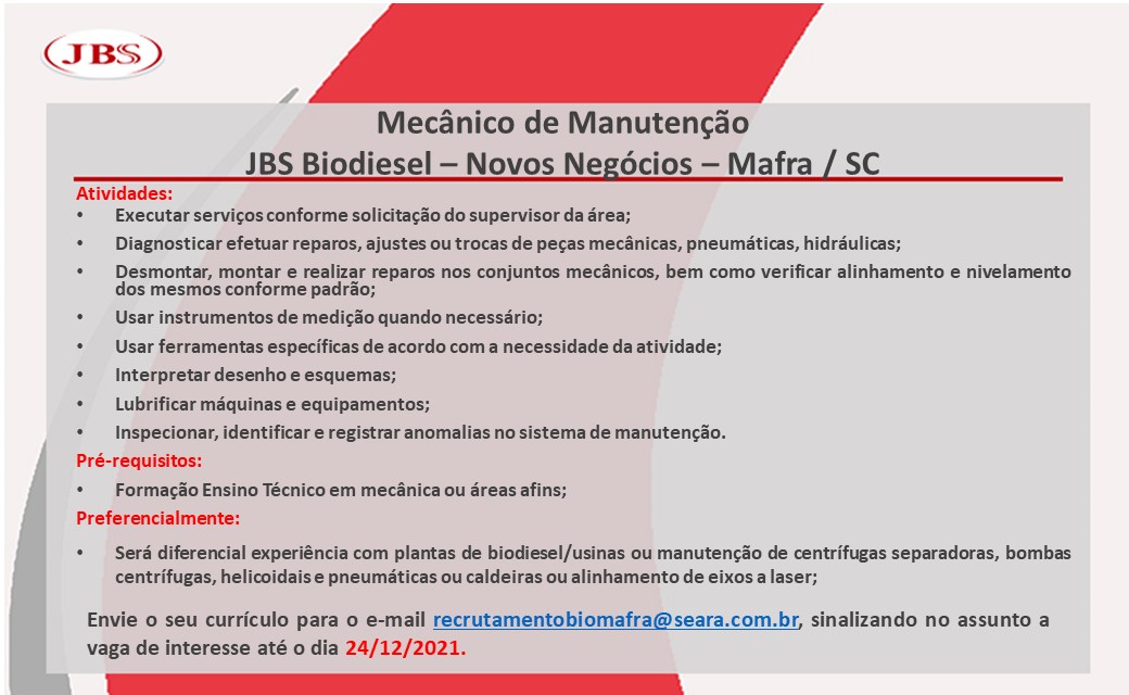 JBS Biodiesel Mafra contrata mecânico de manutenção e técnico eletromecânico (2)