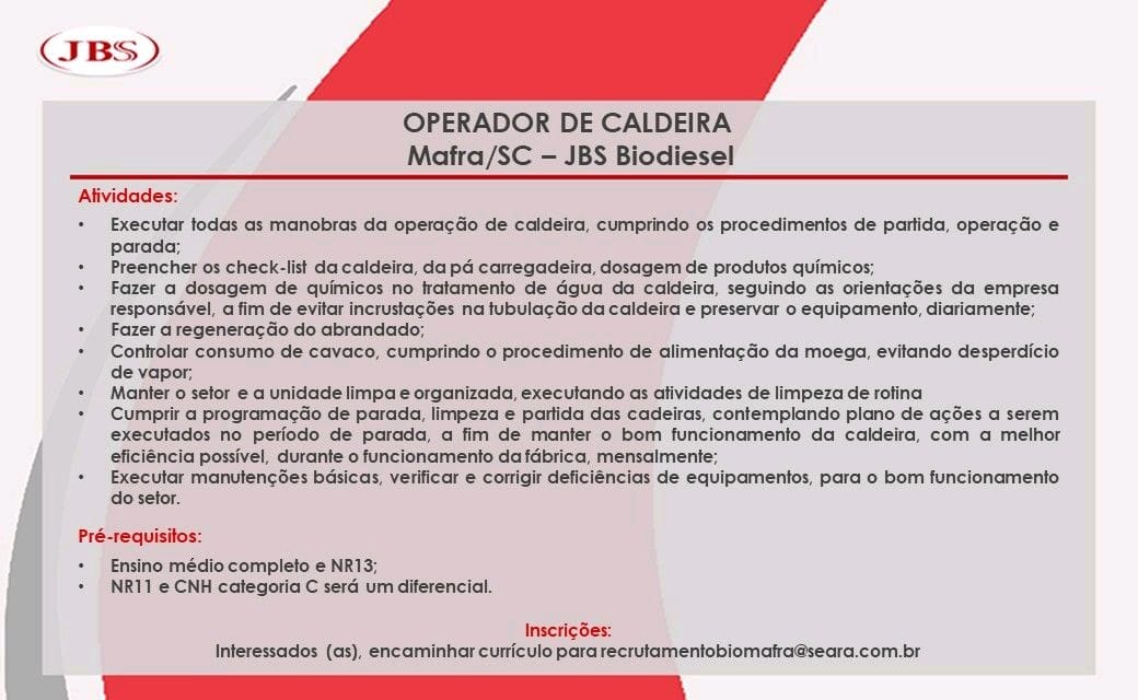 JBS Biodiesel contrata Operador de Caldeira para a unidade de Mafra