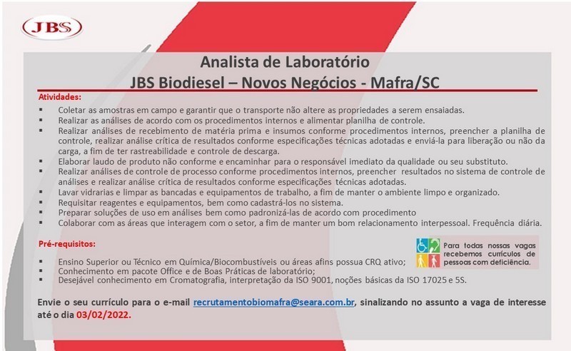 JBS Biodiesel de Mafra contrata Analista de Gestão da Qualidade e Analista de Laboratório (1)