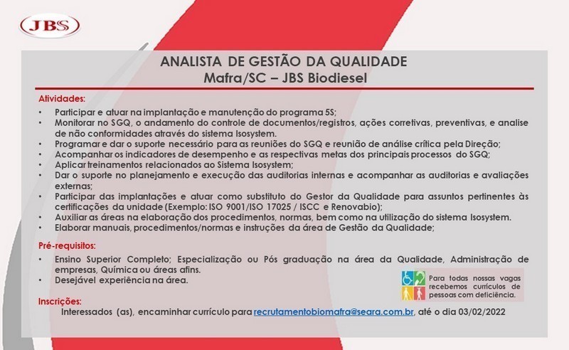 JBS Biodiesel de Mafra contrata Analista de Gestão da Qualidade e Analista de Laboratório (2)