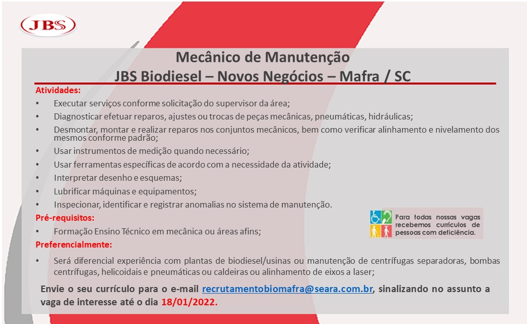 JBS Biodiesel de Mafra contrata mecânico