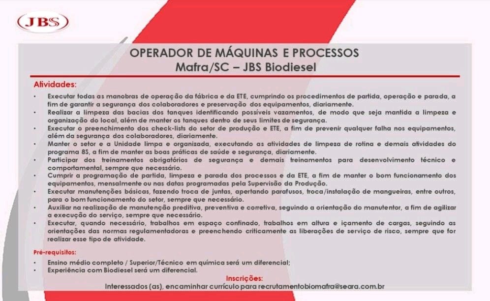 JBS Biodiesel Mafra SC contrata Operador (produção)