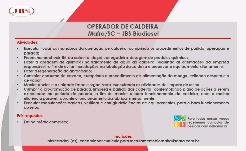 JBS Biodiesel Mafra contrata Operador de Caldeira e Carregamento (produção)