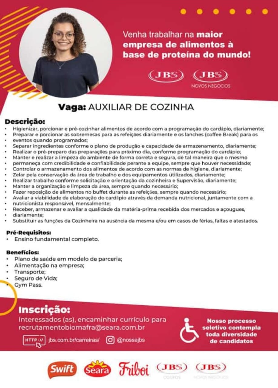 JBS Mafra oferece vaga para auxiliar de cozinha