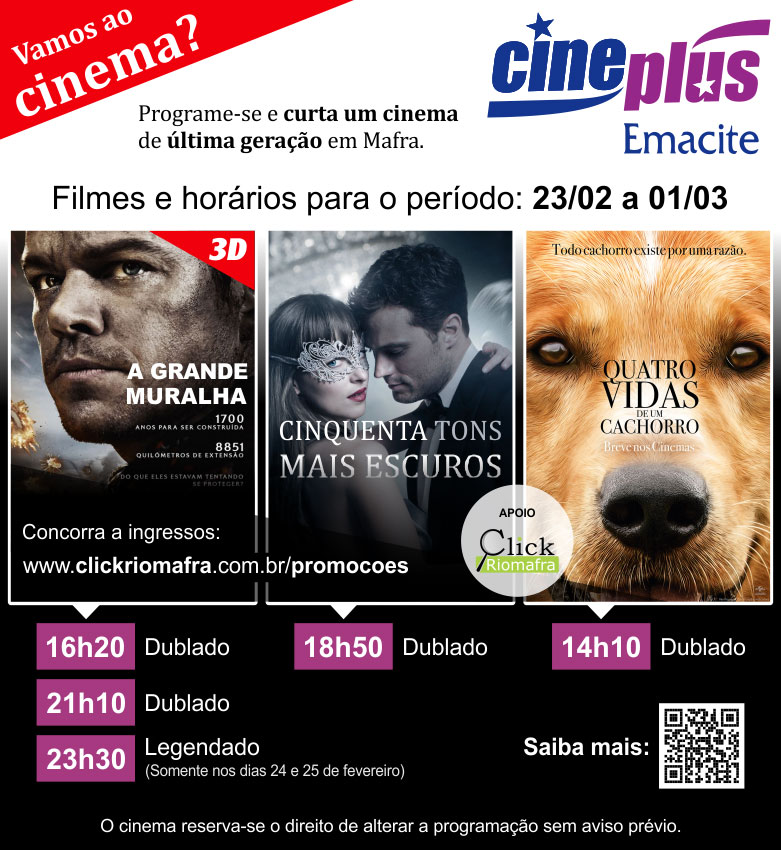 Concorra a ingressos para assistir Quatro vidas de um cachorro, A Grande Muralha ou Cinquenta tons mais escuros no dia 0103