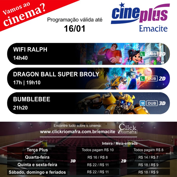 Programação de filmes no Cineplus Emacite