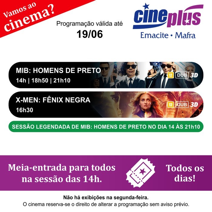 Programação de filmes no Cineplus Emacite