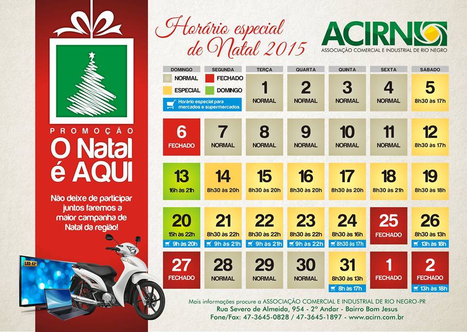 ACI divulga o horário especial de Natal 2015 do comércio de Riomafra