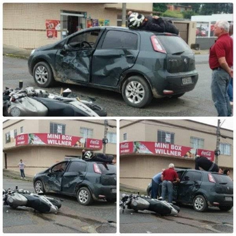 Motoqueiro fica preso em teto de veículo