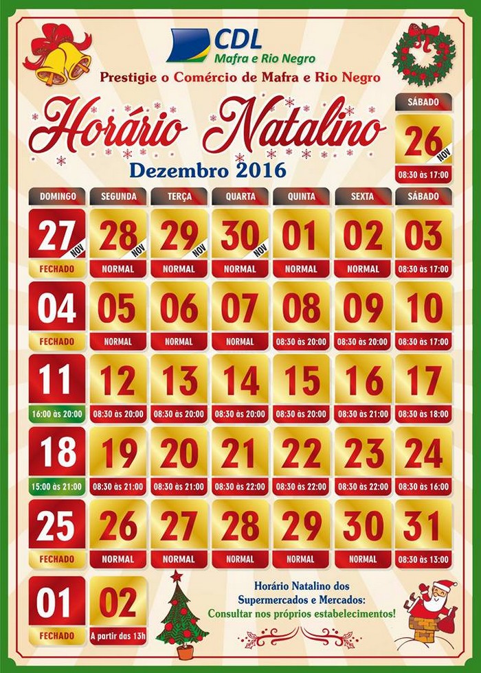 CDL de Mafra e Rio Negro divulga o horário natalino 2016