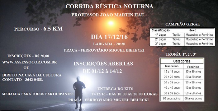 Corrida Rústica Noturna “João Martin Hau” acontece dia 17