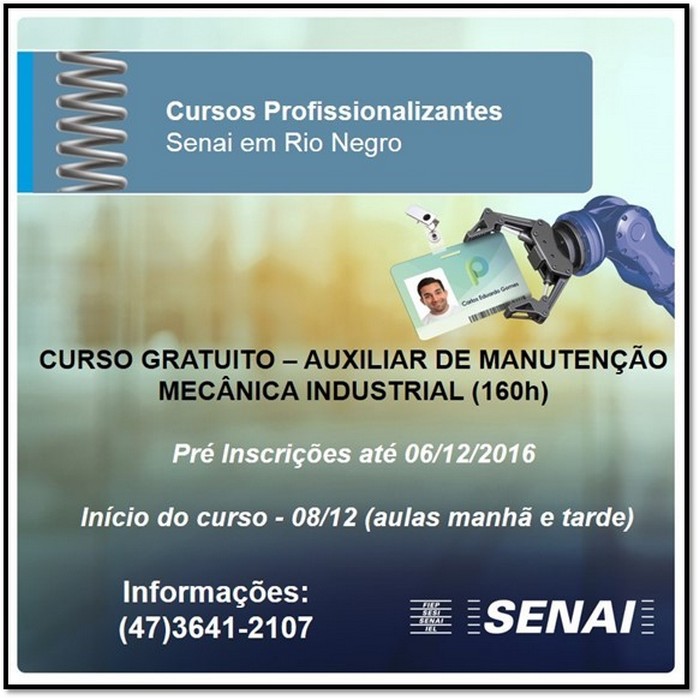 SESI de Rio Negro oferece curso gratuito de auxiliar de manutenção mecânica industrial