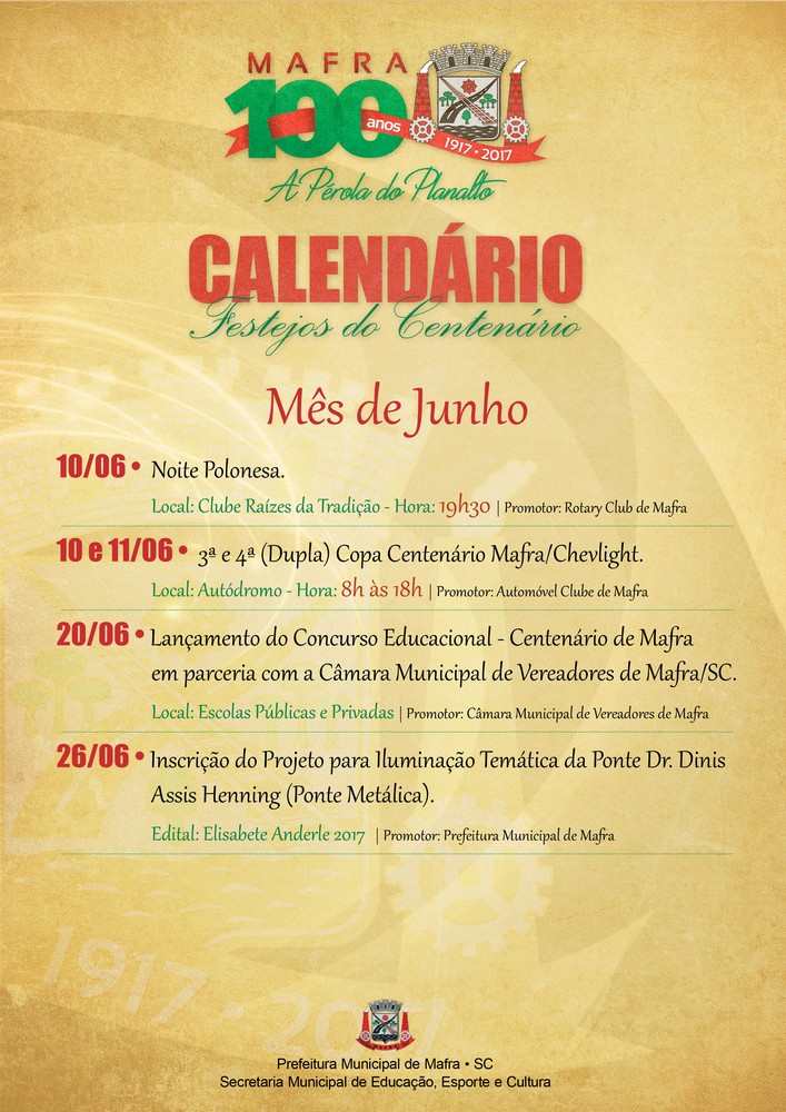 Divulgado o calendário de eventos do Centenário de Mafra relativo ao mês de junho