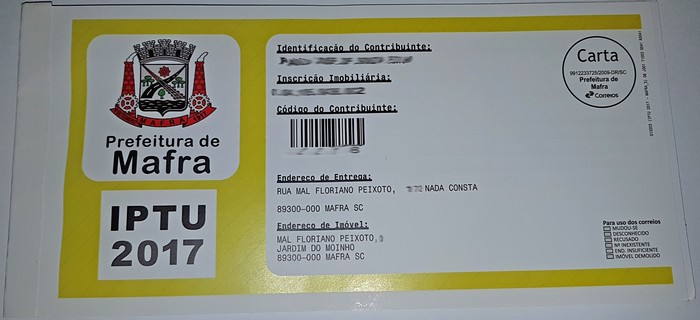 IPTU de Mafra com desconto de 10 vence dia 30 de junho