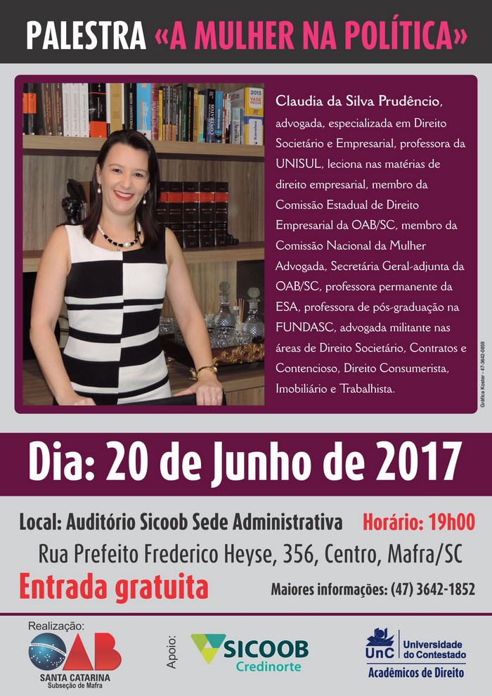 OAB promove palestra gratuita A mulher na política nesta terça-feira em Mafra