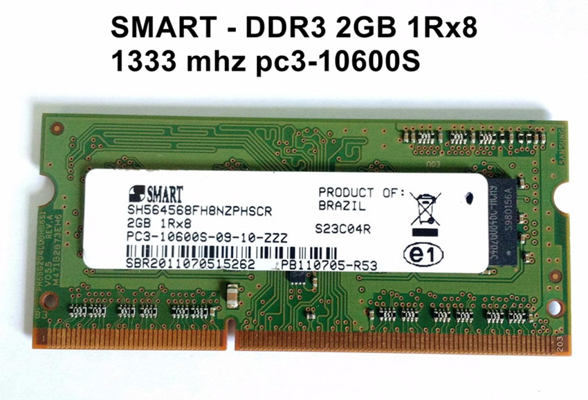 2 Memórias Ram para notebook 2gb Ddr3 Pc3-10600s 1333mhz Smart 1rx8 | Click  Riomafra
